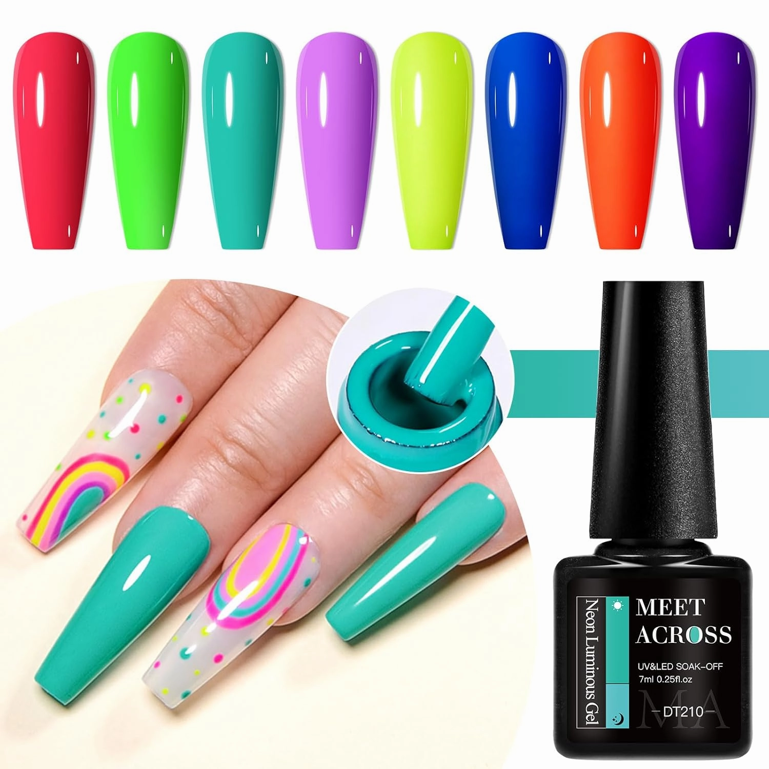 MEET ACROSS Glow in the Dark Gel Nail Polish Set, 12 Pcs Halloween Neon Hot Pink Yellow Orange Bright Luminous Gel Polish Set Fluorescent Glow in Dark Effect Soak Off Nail Polish Kit for Party Nails