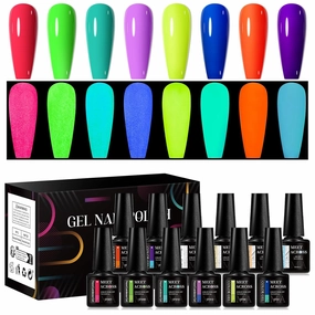 MEET ACROSS Glow in the Dark Gel Nail Polish Set, 12 Pcs Halloween Neon Hot Pink Yellow Orange Bright Luminous Gel Polish Set Fluorescent Glow in Dark Effect Soak Off Nail Polish Kit for Party Nails