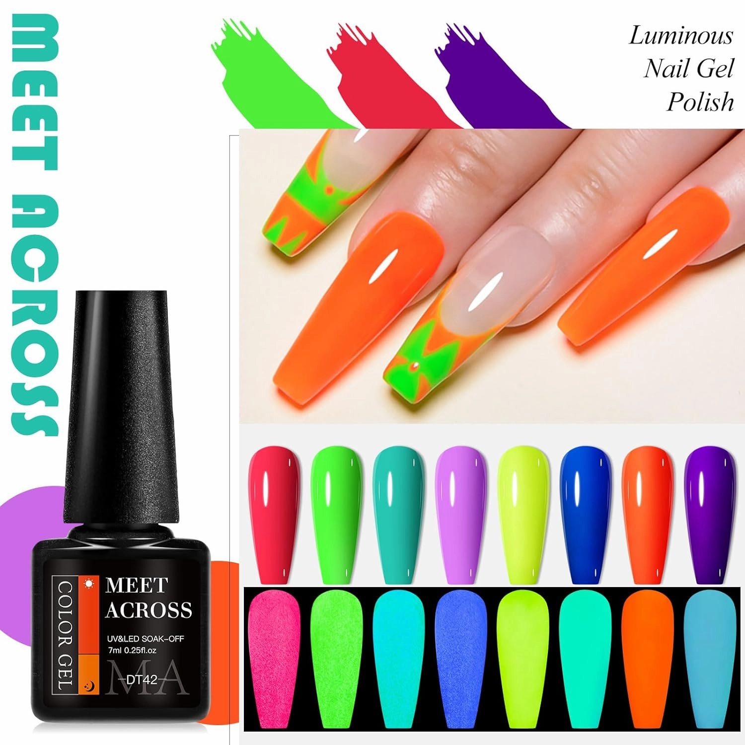 MEET ACROSS Glow in the Dark Gel Nail Polish Set, 12 Pcs Halloween Neon Hot Pink Yellow Orange Bright Luminous Gel Polish Set Fluorescent Glow in Dark Effect Soak Off Nail Polish Kit for Party Nails