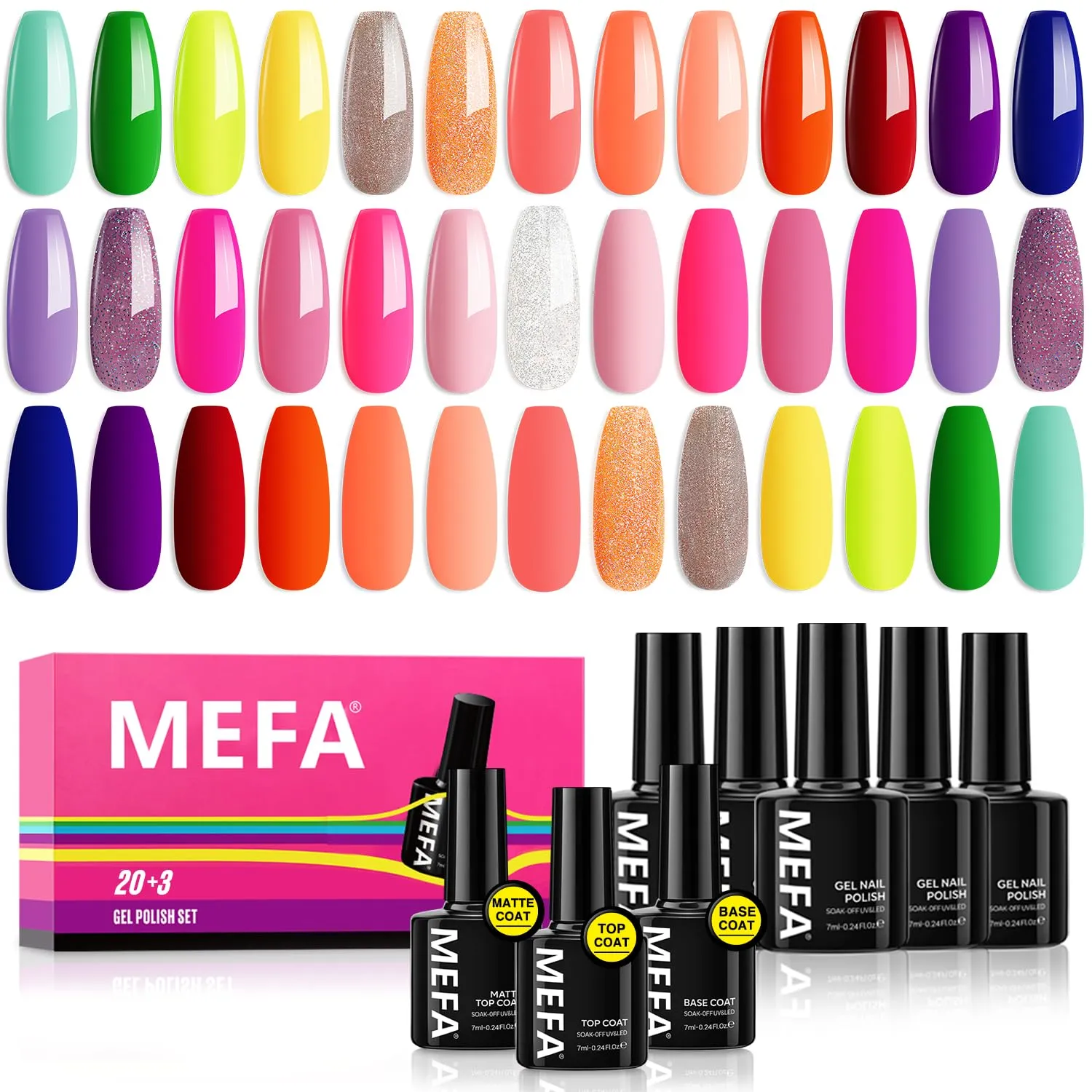 MEFA 23 PCS Gel Nail Polish Set, 20 Colors Neon Gel Polish Summer Gel Nail Polish Colors Bright Yellow Hot Pink Navy Blue Green Nails Gel Nail Gifts for Women Girl DIY Salon Home Manicure