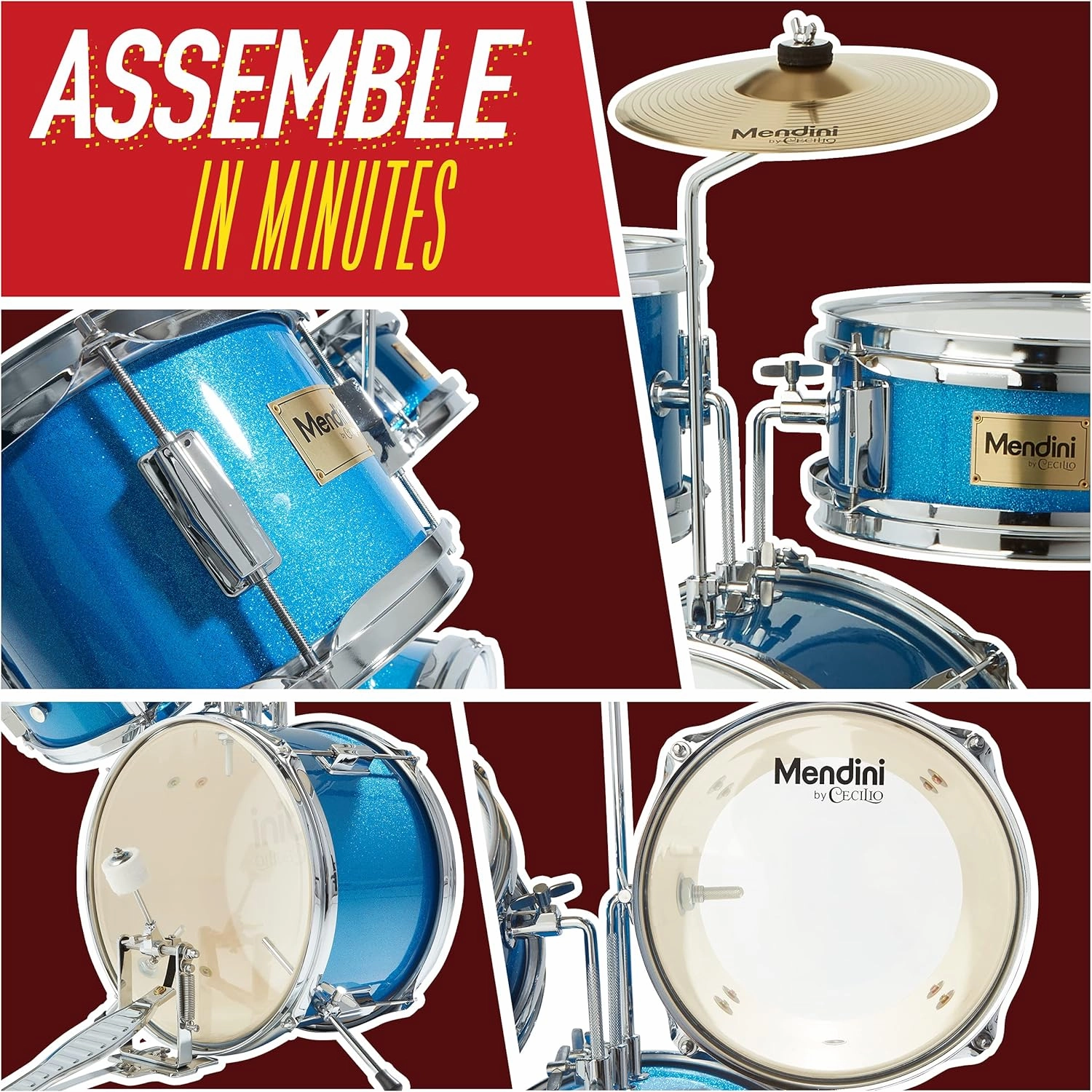 Mendini By Cecilio Kids Drum Set, 3 Piece Junior Drum Set for Beginners with Bass Tom Snare Drum, 13 inch Drum Kit with Snare, Cymbal, Drumsticks, Adjustable Seat (Sky Blue)