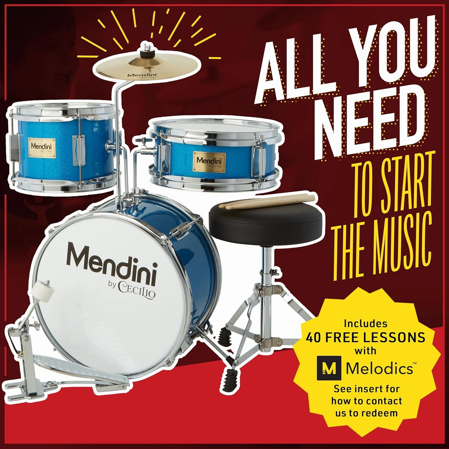 Mendini By Cecilio Kids Drum Set, 3 Piece Junior Drum Set for Beginners with Bass Tom Snare Drum, 13 inch Drum Kit with Snare, Cymbal, Drumsticks, Adjustable Seat (Sky Blue)