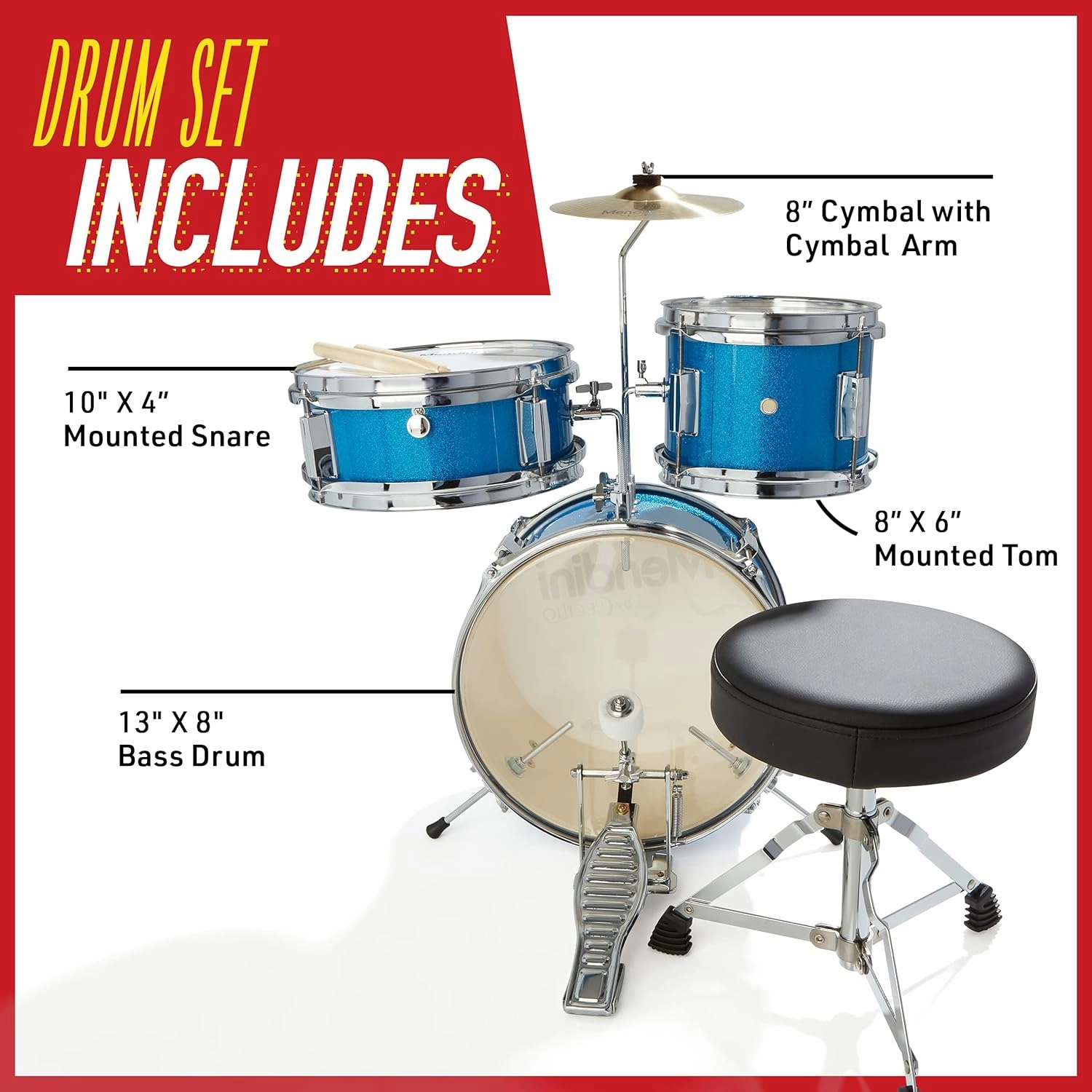 Mendini By Cecilio Kids Drum Set, 3 Piece Junior Drum Set for Beginners with Bass Tom Snare Drum, 13 inch Drum Kit with Snare, Cymbal, Drumsticks, Adjustable Seat (Sky Blue)