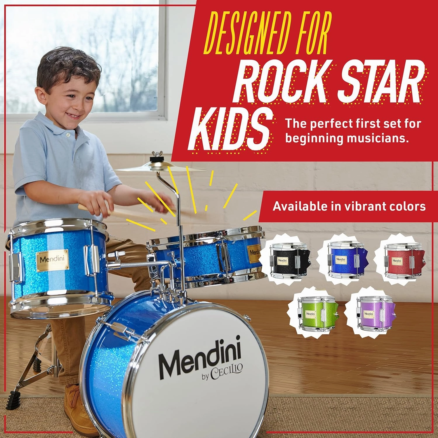 Mendini By Cecilio Kids Drum Set, 3 Piece Junior Drum Set for Beginners with Bass Tom Snare Drum, 13 inch Drum Kit with Snare, Cymbal, Drumsticks, Adjustable Seat (Sky Blue)