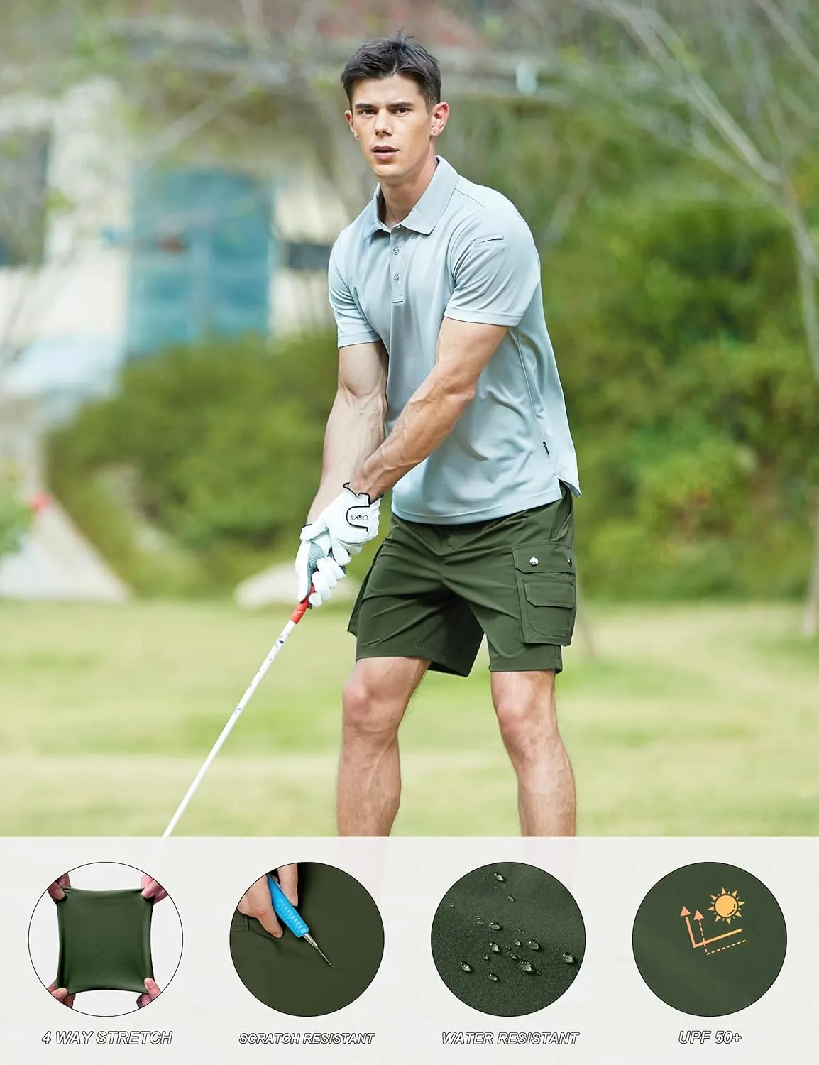 Mens Golf Shorts Quick Dry Casual Cargo Hiking Work Shorts with Multi Pocket for Travel Fishing Tactical