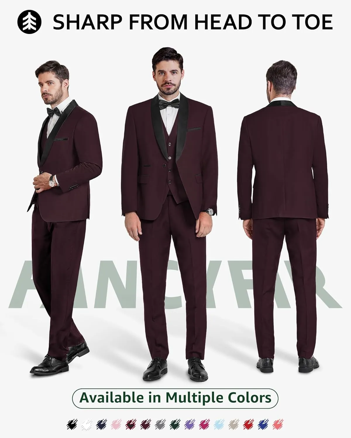 Men's Slim Fit 3-Piece Tuxedo Set, One Button Shawl Collar Jacket Vest Pants for Party, Business and Wedding