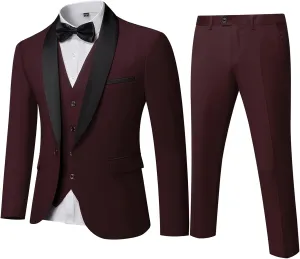Men's Slim Fit 3-Piece Tuxedo Set, One Button Shawl Collar Jacket Vest Pants for Party, Business and Wedding
