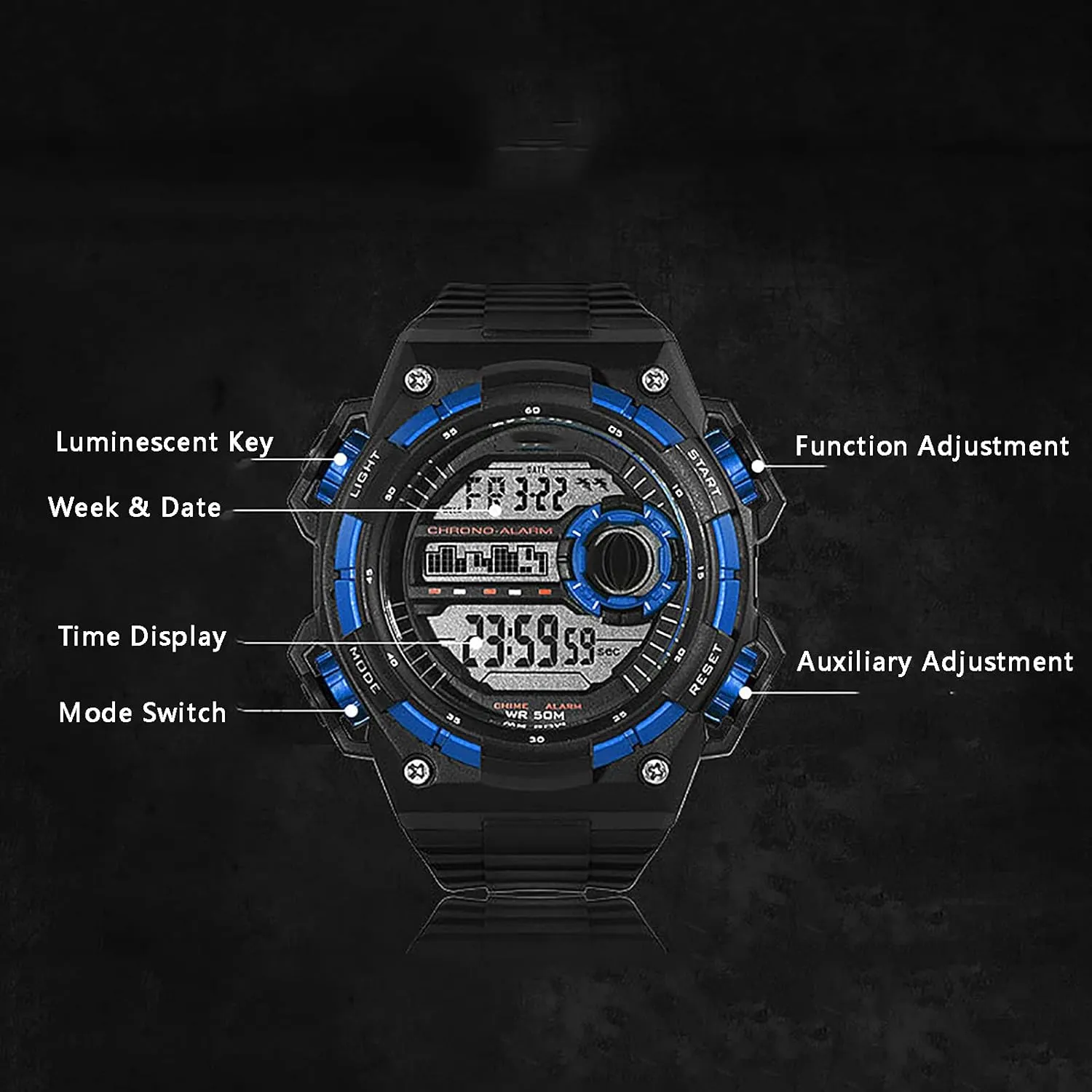 Men's Watches, Sports Outdoor Waterproof Military Wrist Watch, Date Multi Function Timing Cold Light Alarm O'Clock Stopwatch