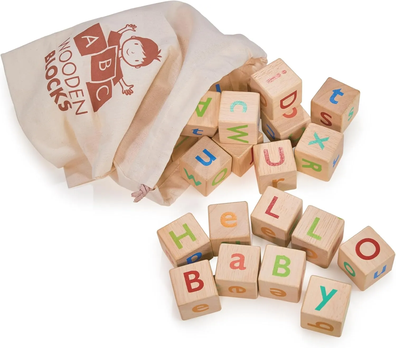 Mentari Toys - Alphabet Spelling Blocks - 26pc ABC Wooden Letter Blocks with Storage Bag - Montessori Building Blocks for Toddlers and Preschoolers - Letter and Color Recognition Toy - Age 3 