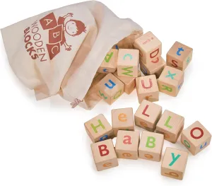 Mentari Toys - Alphabet Spelling Blocks - 26pc ABC Wooden Letter Blocks with Storage Bag - Montessori Building Blocks for Toddlers and Preschoolers - Letter and Color Recognition Toy - Age 3 