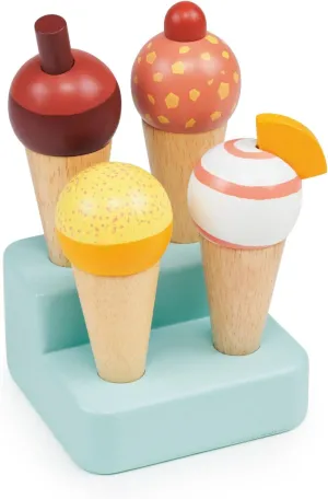 Mentari Toys - Sunny Gelato Stand - 5pc Wooden Ice Cream Gelato Play Food Set with Base - Pretend Play Food Accessories - Encourages Role Play and Develops Social Skills - Gift for Toddlers - Age 2 