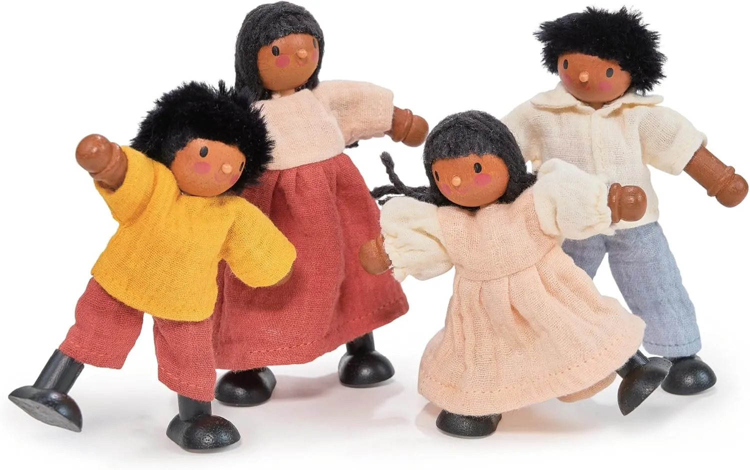 Mentari Toys - The Berrybunch Doll Family - 4pc Poseable Wooden Doll Set with Fabric Clothes - Perfect for Dollhouses and Small World Play - Encourages Imaginative Play and Social Skills - Age 3 