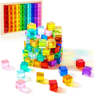 Meooeck 60 Pcs Colored Acrylic Gem Cubes Blocks Translucent Rainbow Building Cubes Educational Sensory Train Light Stacking Table Toys with Wooden Storage Boxes for Toddler Perschool Kids Montessori