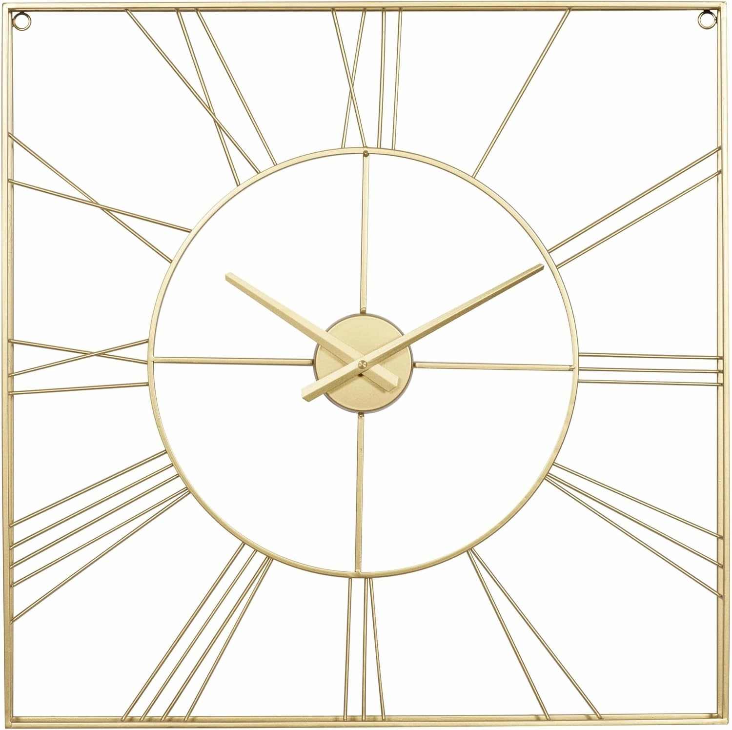 Metal Open Frame Square Wall Clock, Battery Operated with Large Roman Numerals, Suitable for Home Decoration(Gold)
