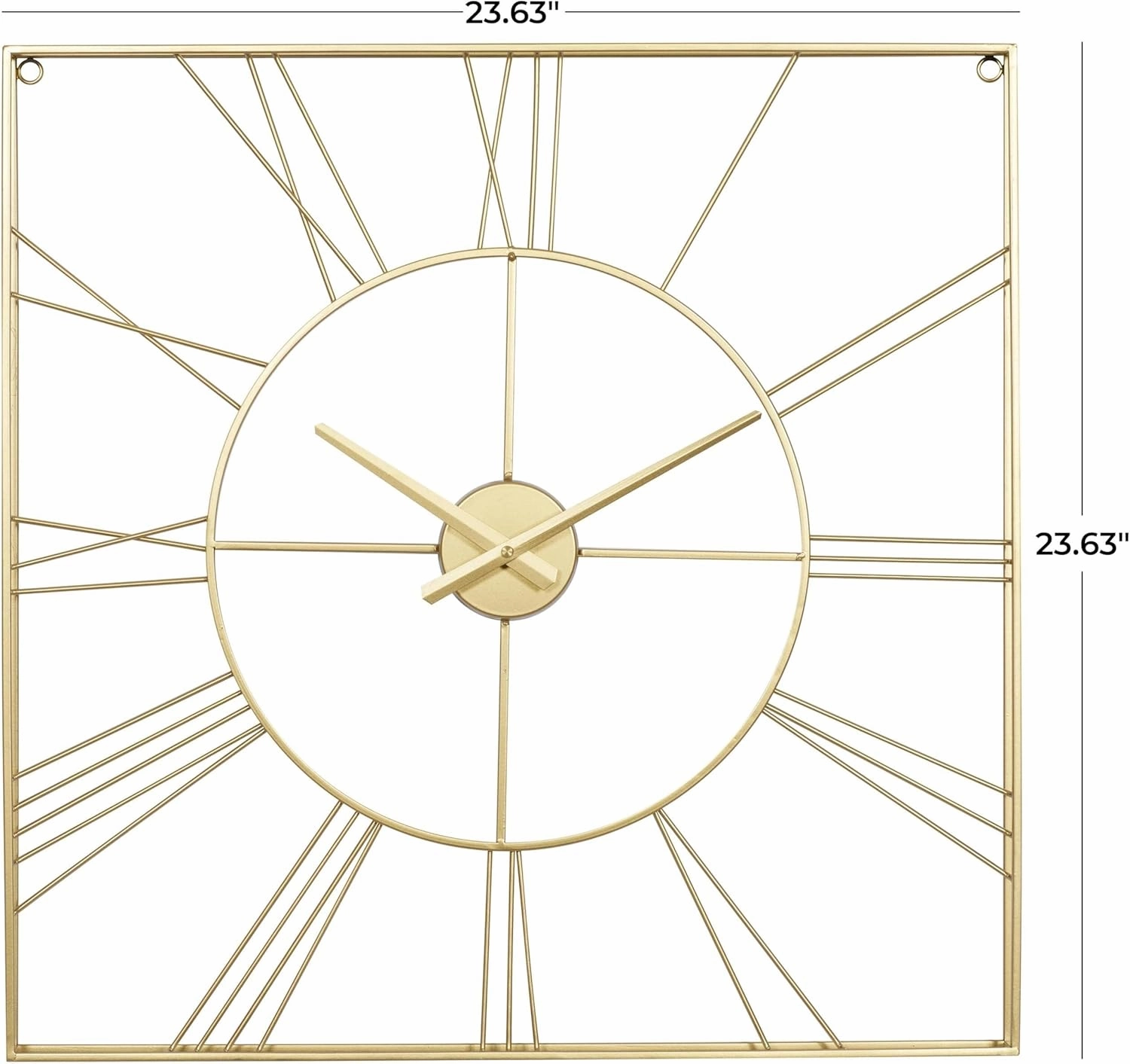 Metal Open Frame Square Wall Clock, Battery Operated with Large Roman Numerals, Suitable for Home Decoration(Gold)