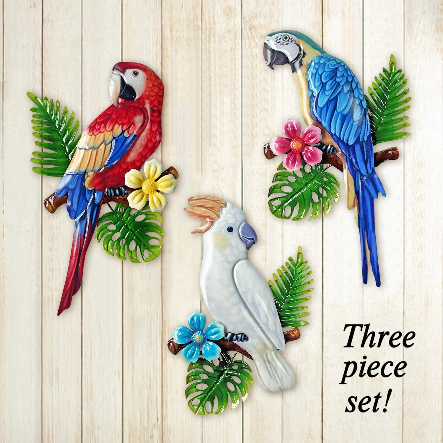 Metal Tropical Parrot Wall Art Decor Set of 3 Vivid Birds on Branch Metal Parrots Wall Decor Hanging Leaves with Birds Indoor Outdoor Wall Decor Fence Garden Courtyard Decoration