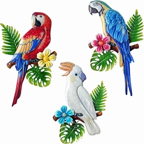 Metal Tropical Parrot Wall Art Decor Set of 3 Vivid Birds on Branch Metal Parrots Wall Decor Hanging Leaves with Birds Indoor Outdoor Wall Decor Fence Garden Courtyard Decoration