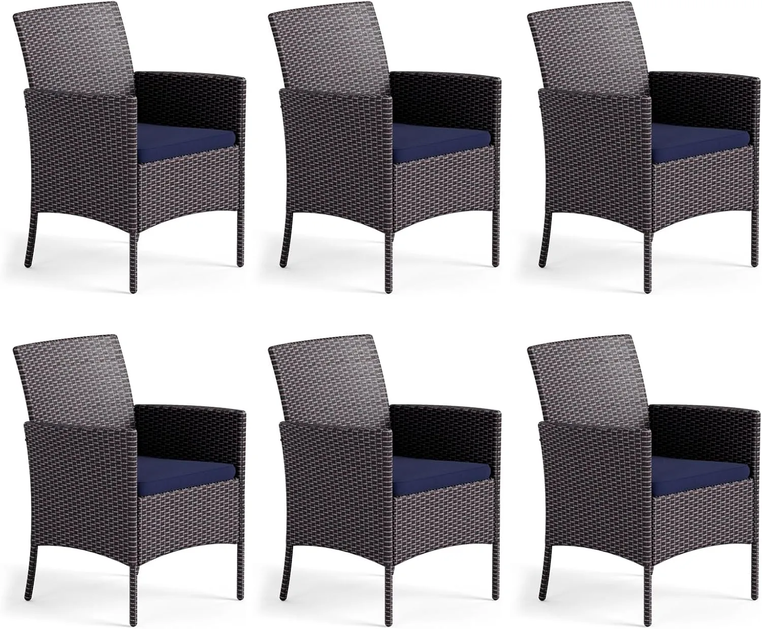 MFSTUDIO Patio Wicker Chair Sets of 6, Outdoor Patio Rattan Sofa Dining Chairs Set of 6 with Navy Removable Cushions, Armrests and Metal Frame, 330lbs, Backyard, Porch