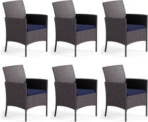 MFSTUDIO Patio Wicker Chair Sets of 6, Outdoor Patio Rattan Sofa Dining Chairs Set of 6 with Navy Removable Cushions, Armrests and Metal Frame, 330lbs, Backyard, Porch