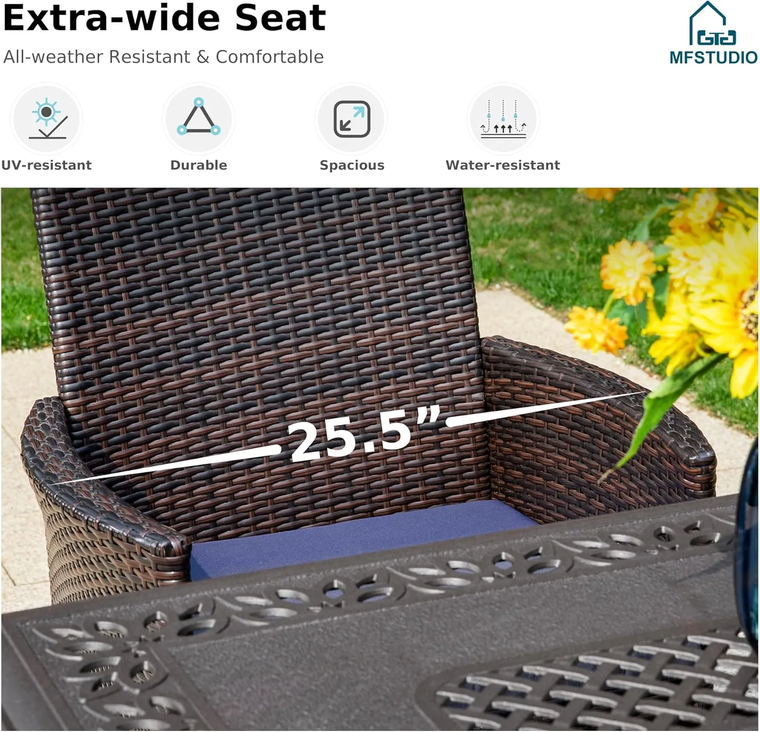 MFSTUDIO Patio Wicker Chair Sets of 6, Outdoor Patio Rattan Sofa Dining Chairs Set of 6 with Navy Removable Cushions, Armrests and Metal Frame, 330lbs, Backyard, Porch