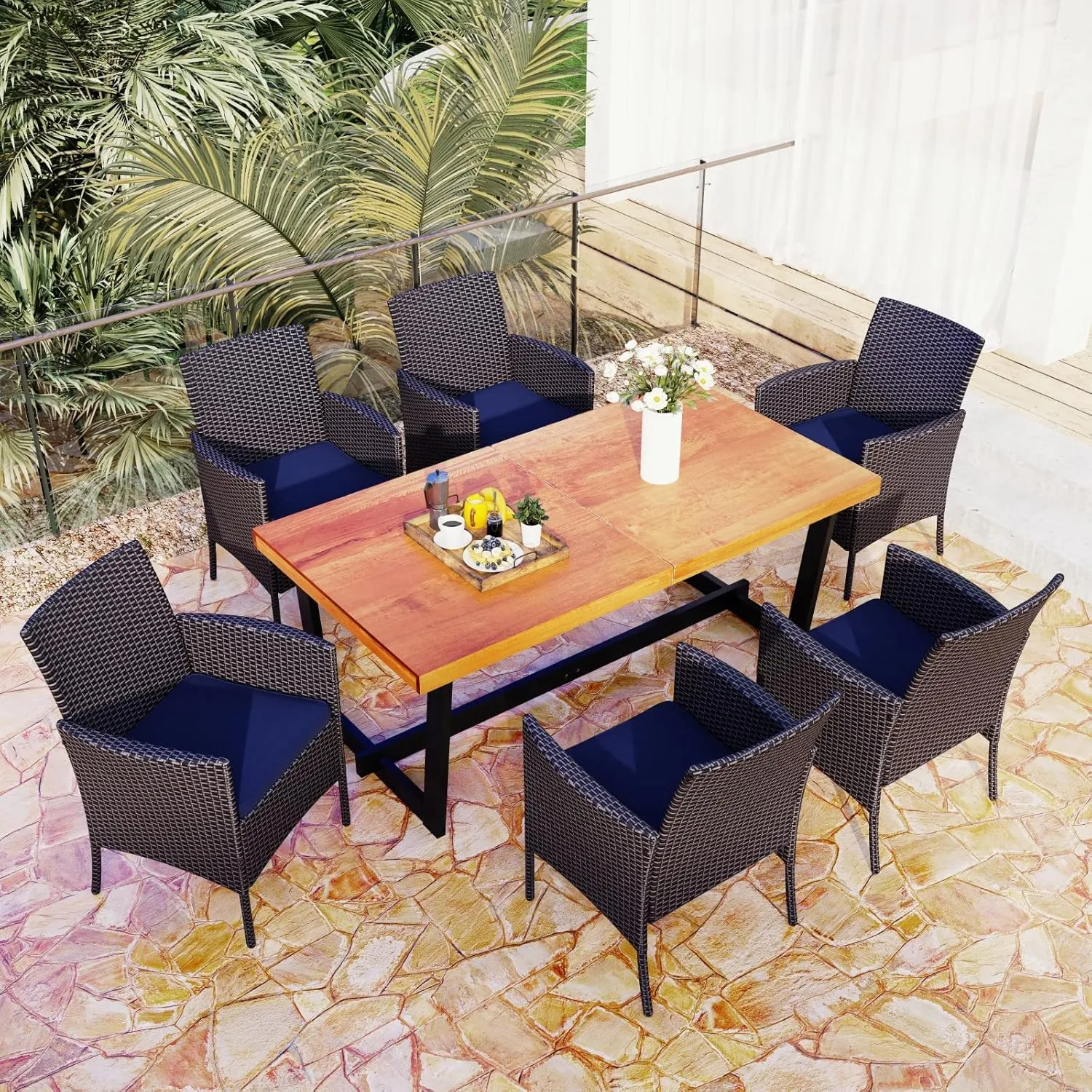 MFSTUDIO Patio Wicker Chair Sets of 6, Outdoor Patio Rattan Sofa Dining Chairs Set of 6 with Navy Removable Cushions, Armrests and Metal Frame, 330lbs, Backyard, Porch