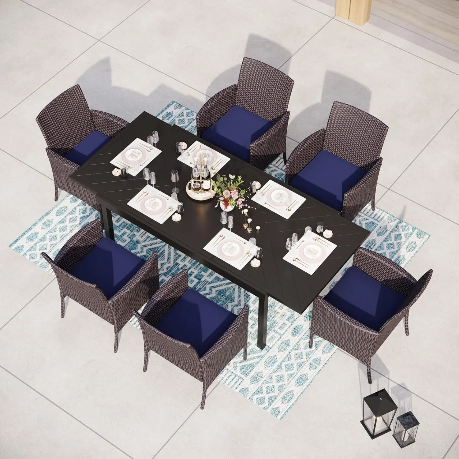 MFSTUDIO Patio Wicker Chair Sets of 6, Outdoor Patio Rattan Sofa Dining Chairs Set of 6 with Navy Removable Cushions, Armrests and Metal Frame, 330lbs, Backyard, Porch