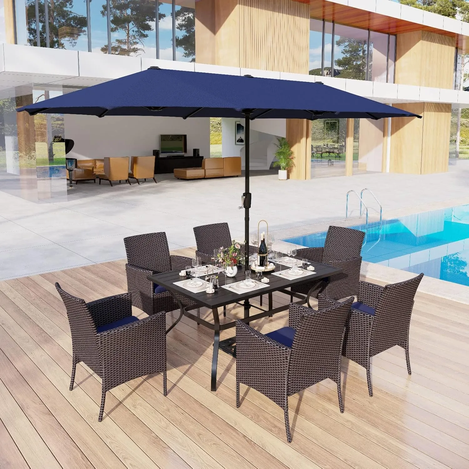 MFSTUDIO Patio Wicker Chair Sets of 6, Outdoor Patio Rattan Sofa Dining Chairs Set of 6 with Navy Removable Cushions, Armrests and Metal Frame, 330lbs, Backyard, Porch