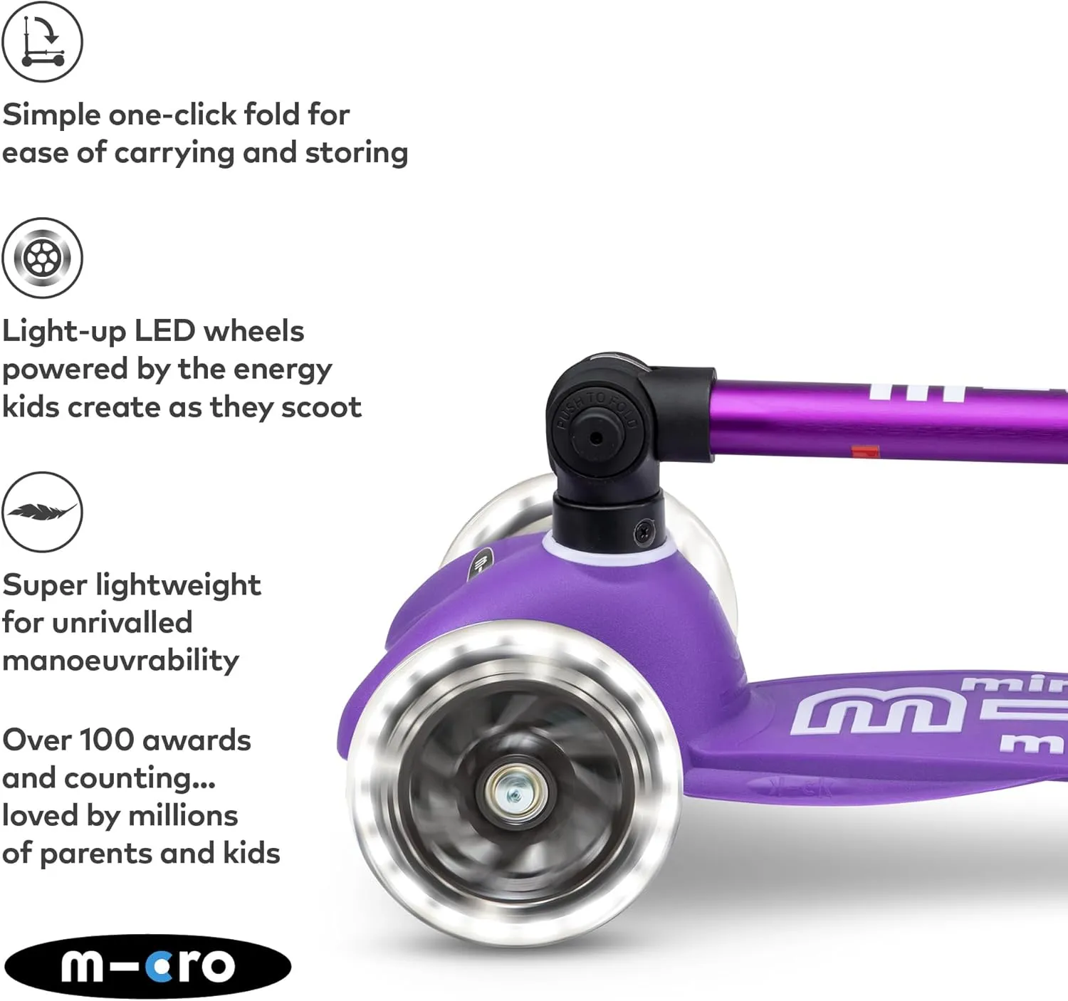 Micro Kickboard - Mini Deluxe Foldable LED Scooter, 3-Wheeled, Lean-to-Steer, Swiss-Designed Micro Scooter with LED Light-Up Wheels, for Kids Ages 2-5