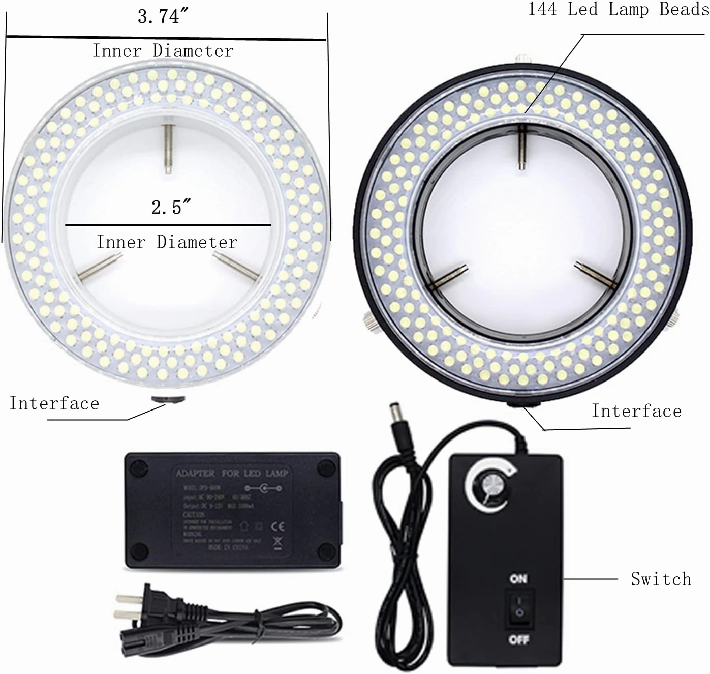 Microscope 144 Led Ring Light Adjustable Illuminator,Microscope Light Source for Lab Stereo,with Industry Power Adapter for Eg-sm Eyepiece Eyeshields Or Eye-Guards (Black)