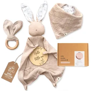 Mikito Organic Cotton Newborn Gift Box, Unisex Baby Gift Set incl. Muslin Lovey Comforter   Bandana Bib   Wooden Teether   Birth Announcement Sign