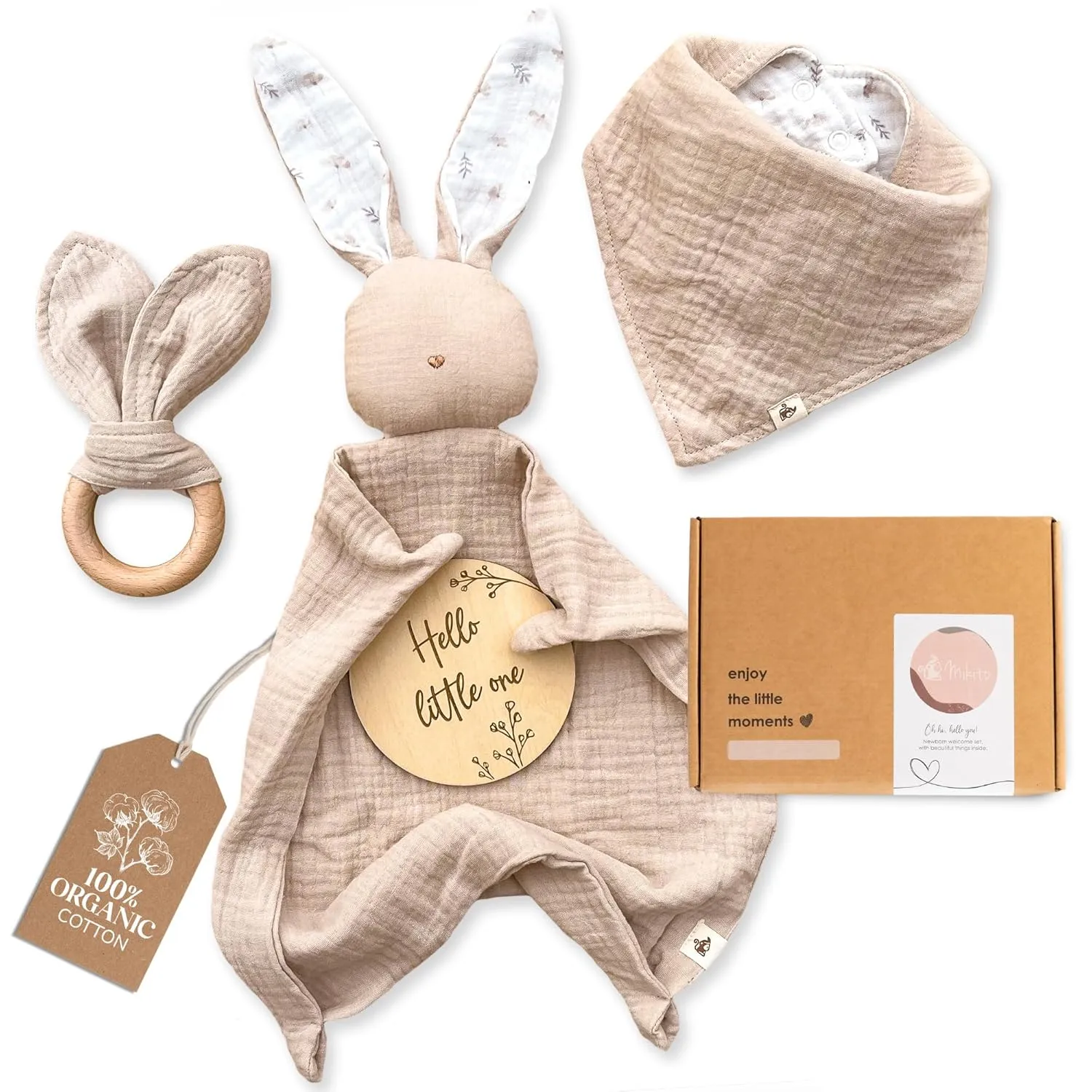 Mikito Organic Cotton Newborn Gift Box, Unisex Baby Gift Set incl. Muslin Lovey Comforter   Bandana Bib   Wooden Teether   Birth Announcement Sign