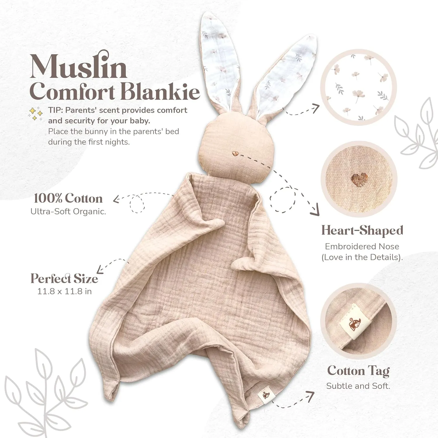 Mikito Organic Cotton Newborn Gift Box, Unisex Baby Gift Set incl. Muslin Lovey Comforter   Bandana Bib   Wooden Teether   Birth Announcement Sign