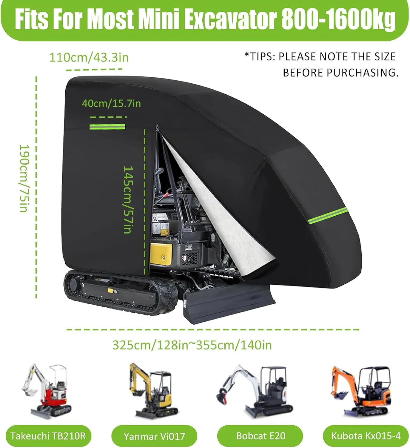 Mini Excavator Cover 420D Waterproof Zippered Excavators Cover for Bobcat Kubota John Deere Takeuchi Yanmar Excavator Protection Cover with Zipper & Reflective Strip for 800-1600kg(Black)
