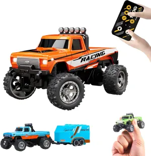Mini Monster Truck, 1:64 Scale Remote Control Car with Lights, 2.4GHz Off-Road RC Truck, USB Rechargeable RC Car Adjustable Speed for Kids Indoor & Outdoor Racing (Orange)