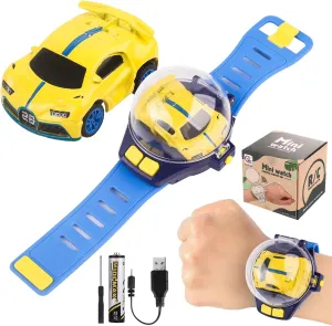 Mini New Watch Remote Control Car Easter Toy, 2.4GHZ RC Racing Car Battle Watch Toys for Kids Boys Girls,LED Lights, USB Charging,Birthday Party, Yellow