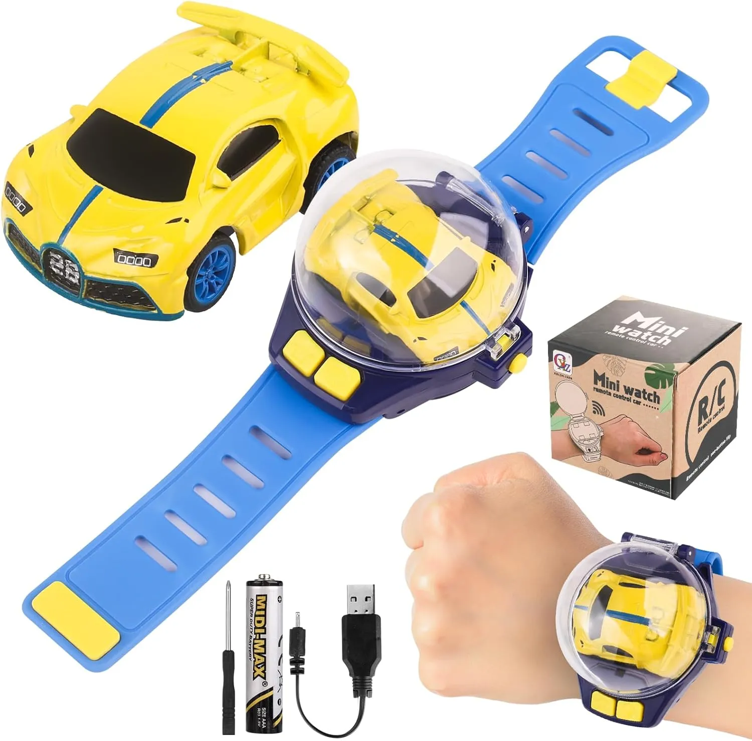 Mini New Watch Remote Control Car Easter Toy, 2.4GHZ RC Racing Car Battle Watch Toys for Kids Boys Girls,LED Lights, USB Charging,Birthday Party, Yellow