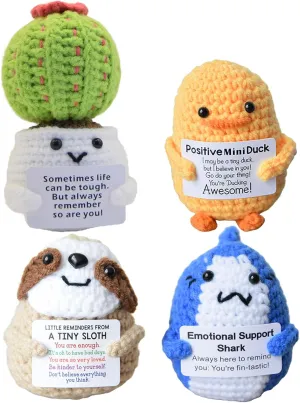 Mini Positive Crochet Animals – Handmade Duck, Sloth, Shark, & Cactus – Cute Emotional Support Gifts for Women, Men & Friends – Uplifting Desk Decor for Birthday, Graduation & Christmas