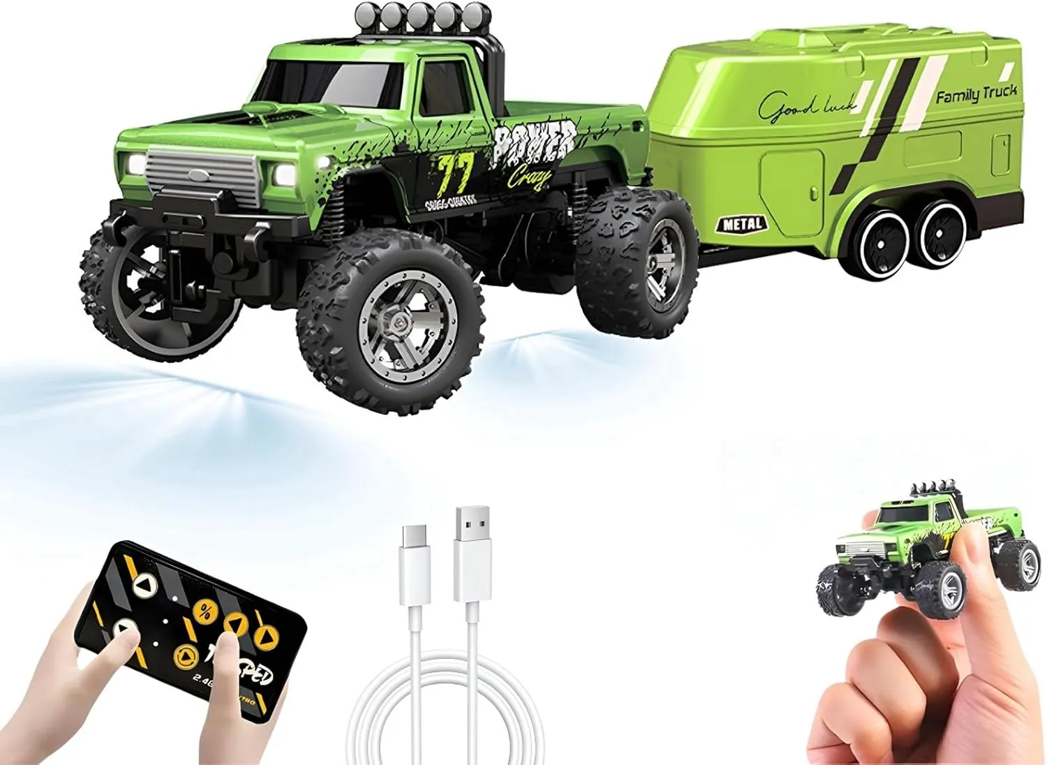 Mini RC Car, 1/64 Scale Mini Remote Control Monster Truck with Trailer, 2.4Ghz & APP Remote Control, Rechargeable Alloy Shell Mini RC Cars with Lights, Speed/Steering Adjustable (Green)