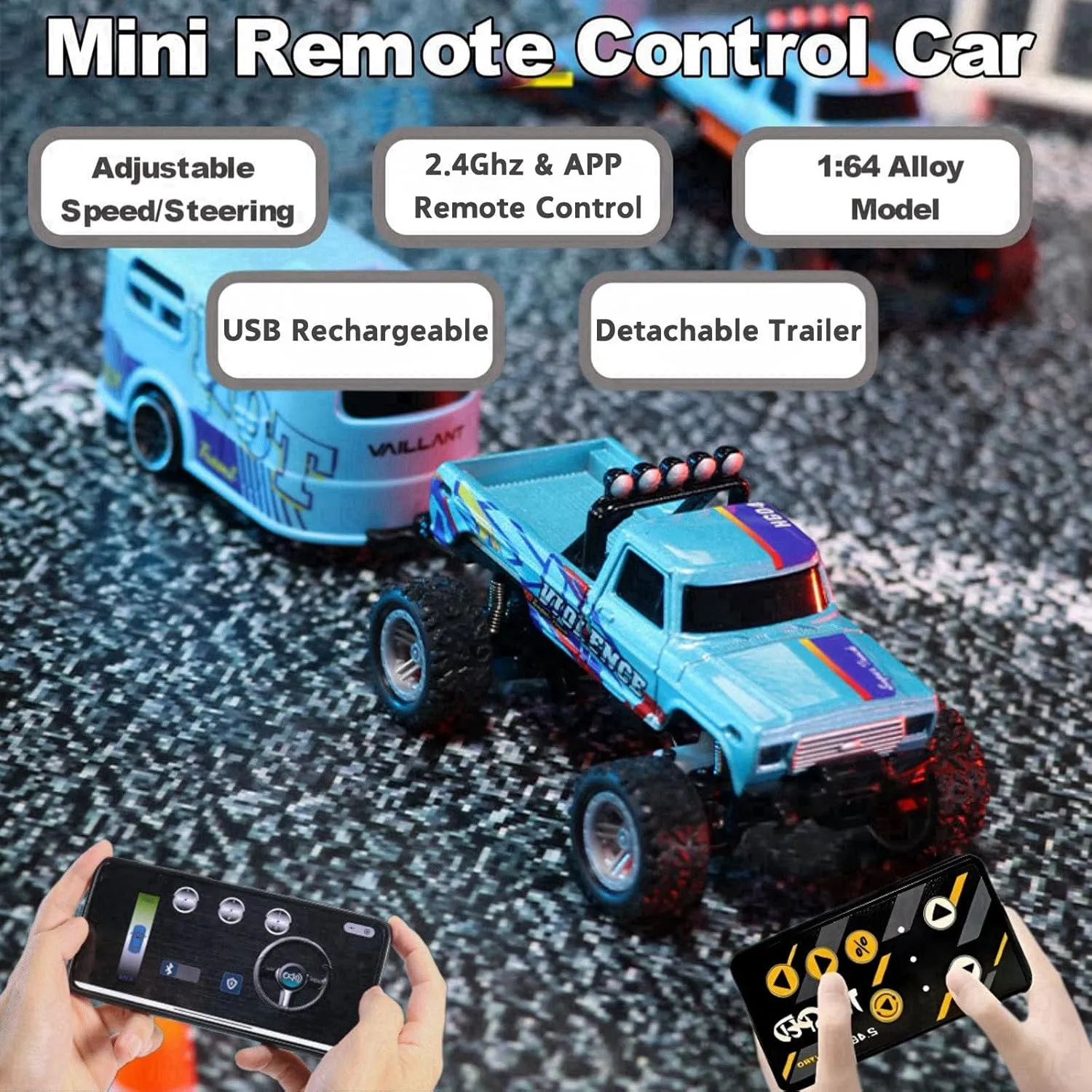 Mini RC Car, 1/64 Scale Mini Remote Control Monster Truck with Trailer, 2.4Ghz & APP Remote Control, Rechargeable Alloy Shell Mini RC Cars with Lights, Speed/Steering Adjustable (Green)