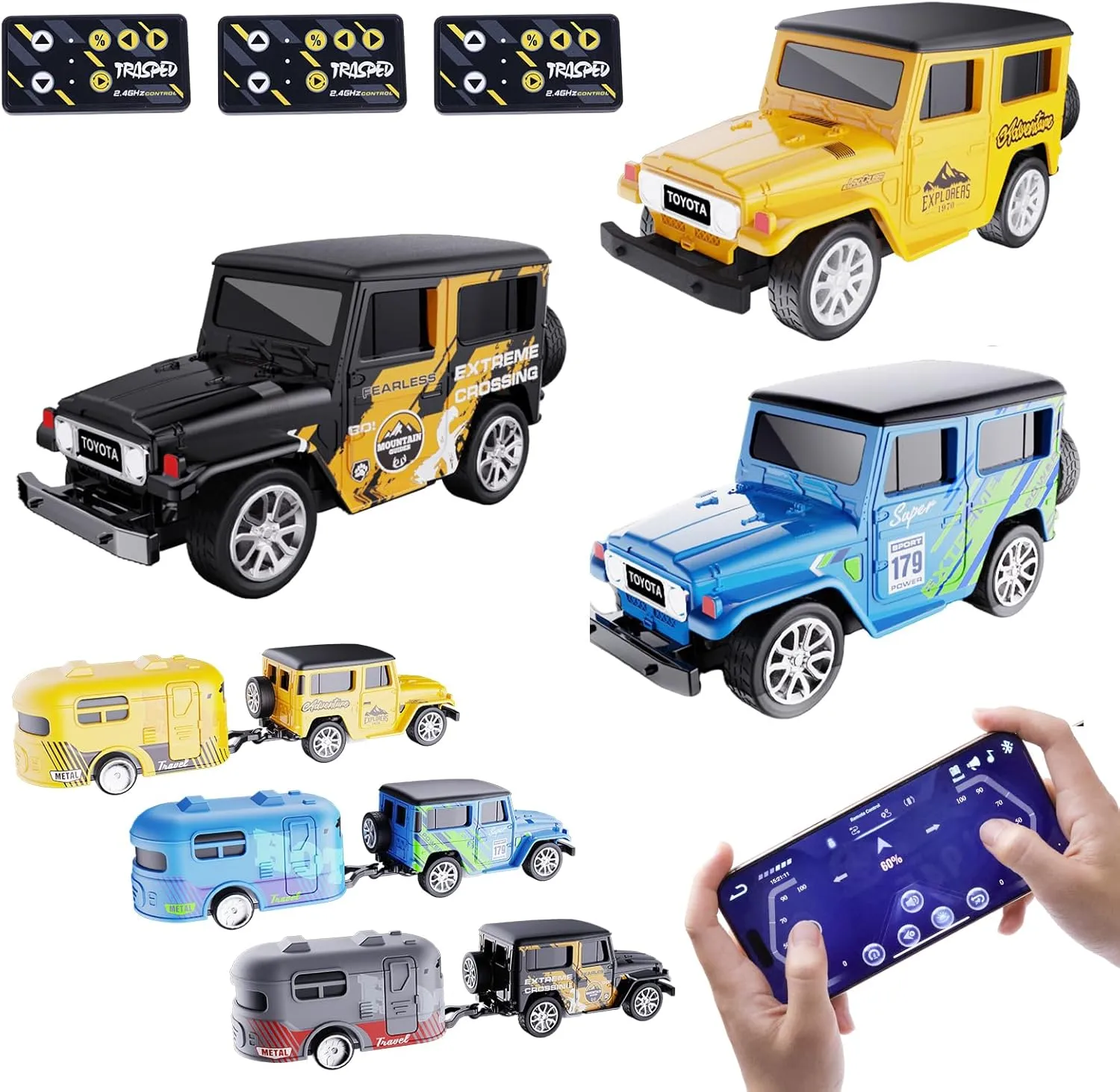 Mini RC Car with APP Control, 1:64 Scale Off-Road Vehicle & Trailer Toy, 2.4GHz Wireless Remote Control, LED Lights, Alloy Case, MultiControl Modes, Speed/Steering Adjustable (Black Blue Yellow)