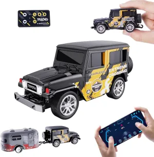 Mini RC Car with APP Control, 1:64 Scale Off-Road Vehicle & Trailer Toy, 2.4GHz Wireless Remote Control, LED Lights, Alloy Case, MultiControl Modes, Speed/Steering Adjustable (Black)