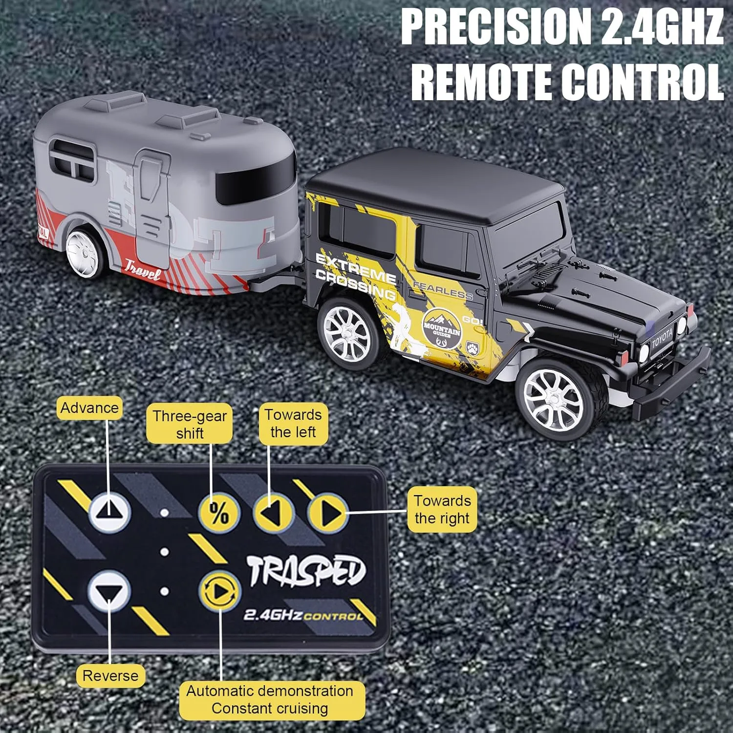 Mini RC Car with APP Control, 1:64 Scale Off-Road Vehicle & Trailer Toy, 2.4GHz Wireless Remote Control, LED Lights, Alloy Case, MultiControl Modes, Speed/Steering Adjustable (Black)