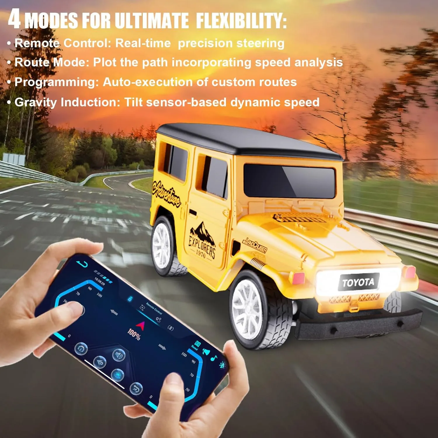 Mini RC Car with APP Control, 1:64 Scale Off-Road Vehicle & Trailer Toy, 2.4GHz Wireless Remote Control, LED Lights, Alloy Case, MultiControl Modes, Speed/Steering Adjustable (Black)