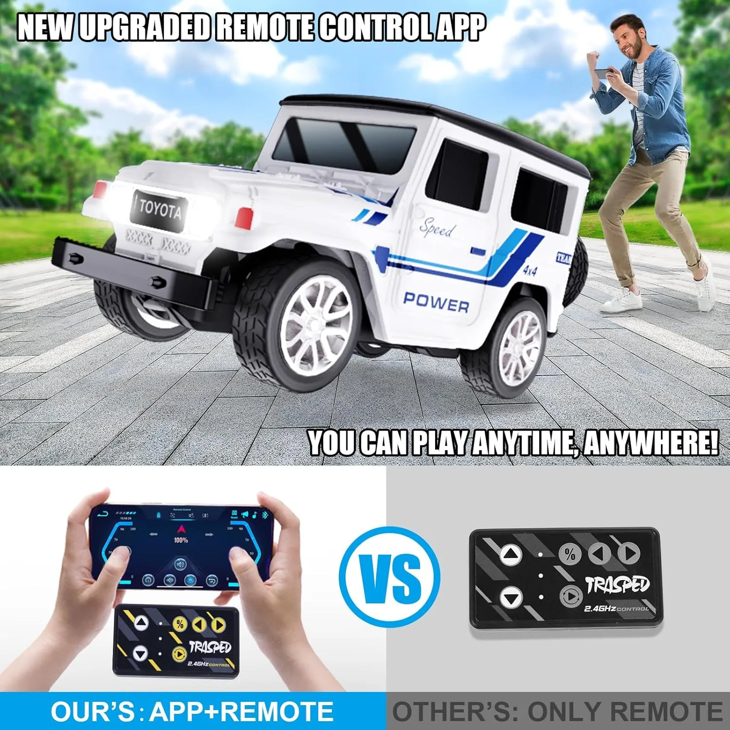 Mini RC Car with APP Control, 1:64 Scale Off-Road Vehicle & Trailer Toy, 2.4GHz Wireless Remote Control, LED Lights, Alloy Case, MultiControl Modes, Speed/Steering Adjustable (Black)