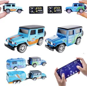 Mini RC Car with APP Control, 1:64 Scale Off-Road Vehicle & Trailer Toy, 2.4GHz Wireless Remote Control, LED Lights, Alloy Case, MultiControl Modes, Speed/Steering Adjustable (Blue Light Blue)