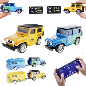 Mini RC Car with APP Control, 1:64 Scale Off-Road Vehicle & Trailer Toy, 2.4GHz Wireless Remote Control, LED Lights, Alloy Case, MultiControl Modes, Speed/Steering Adjustable (Yellow Blue)