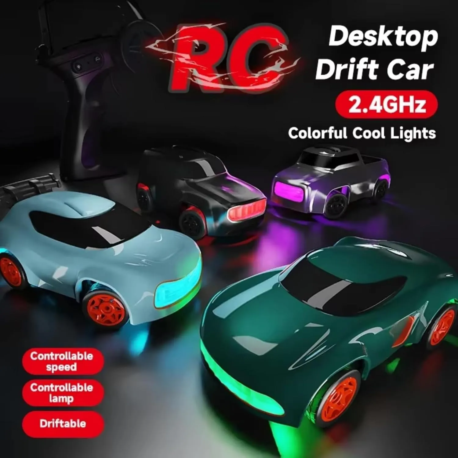 Mini RC Drift Car Desktop Racing Controllable Speed 2.4G High Speed Remote Control Vehicle with 7 Colors LED Lights Toys (Blue)