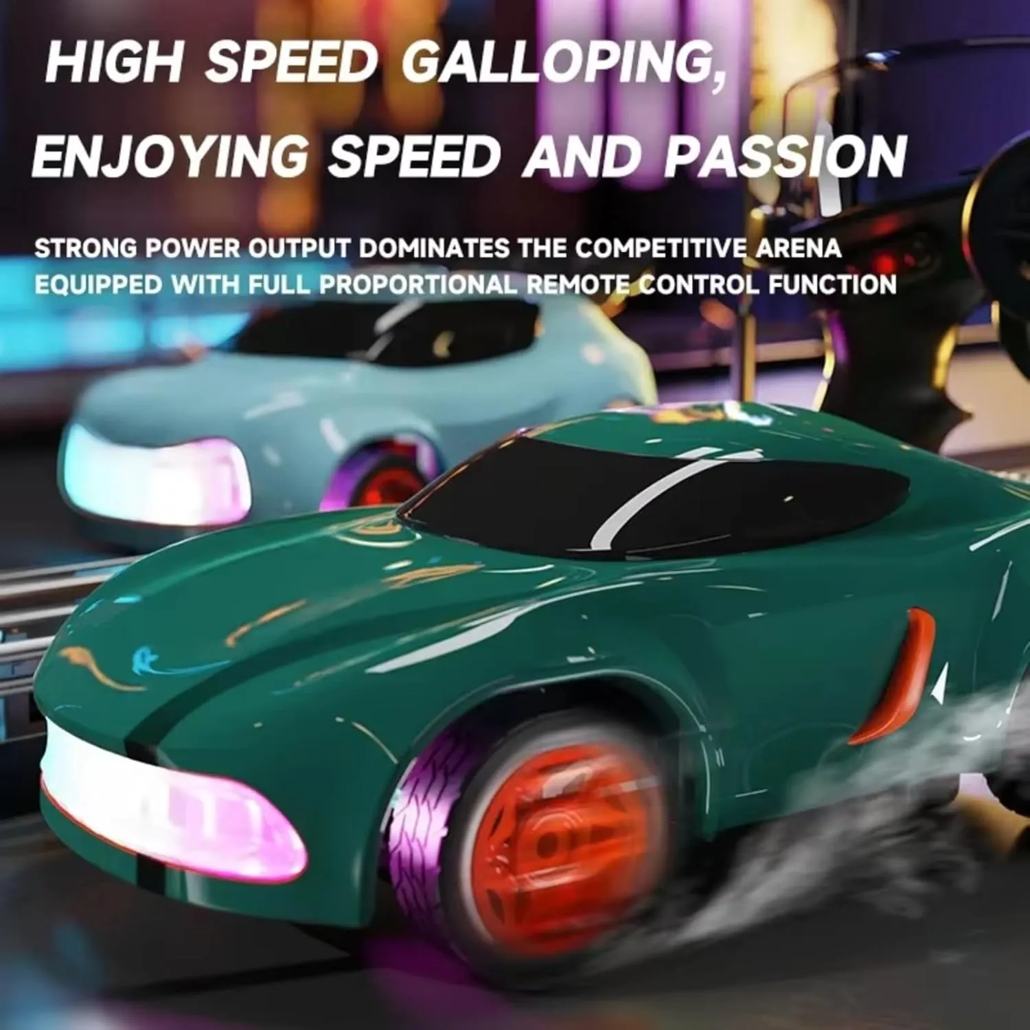 Mini RC Drift Car Desktop Racing Controllable Speed 2.4G High Speed Remote Control Vehicle with 7 Colors LED Lights Toys (Blue)