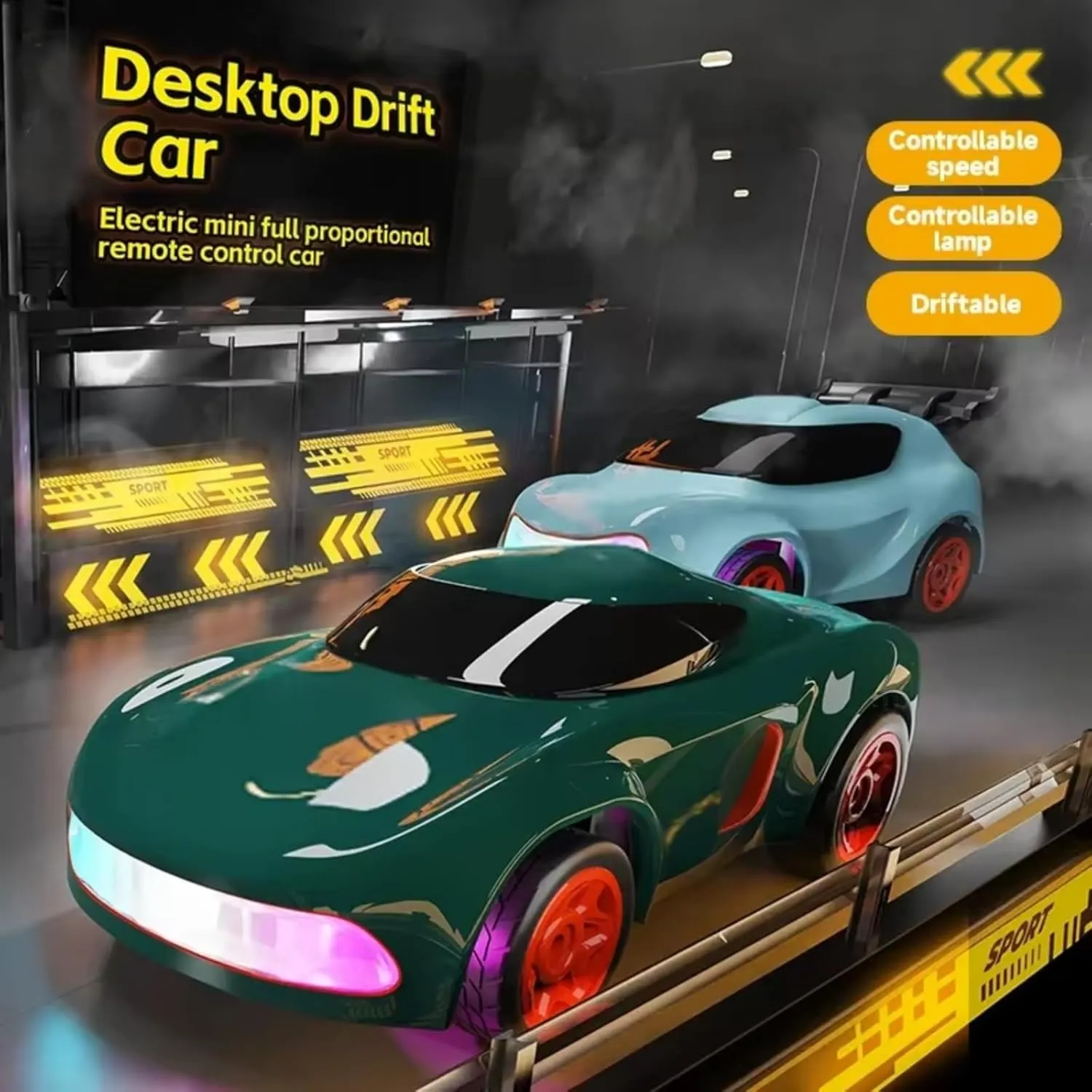 Mini RC Drift Car Desktop Racing Controllable Speed 2.4G High Speed Remote Control Vehicle with 7 Colors LED Lights Toys (Blue)