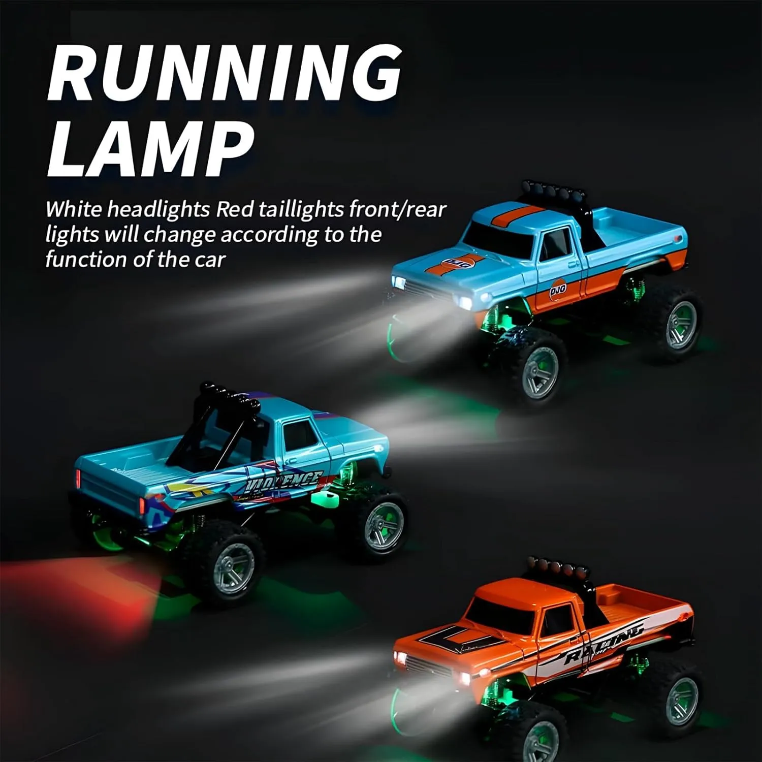 Mini Rc Monster Truck, 1/64 Scale Monster Truck Remote Control Car with Lights, 2.4Ghz Remote Control Rechargeable Mini Monster Truck Rc, Alloy Rc Semi Truck with Trailer, Speed Adjustable, Orange